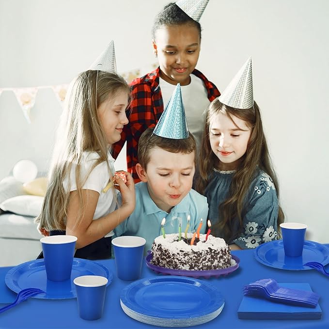 Severs 25 Guests Blue Party Supplies Set Include 9-inch Blue Paper Plates Cups Napkins and Tablecloth,Disposable Dessert Plates for Wedding Birthday