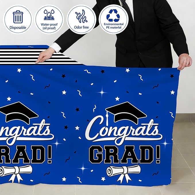 7-Pack Graduation Party Decorations Set, 3 Blue Graduation Tablecloths 54x108in, 2026 and Grad Balloons, 2 Foil Fringe Curtains for High School College Graduation Party Photo Booth