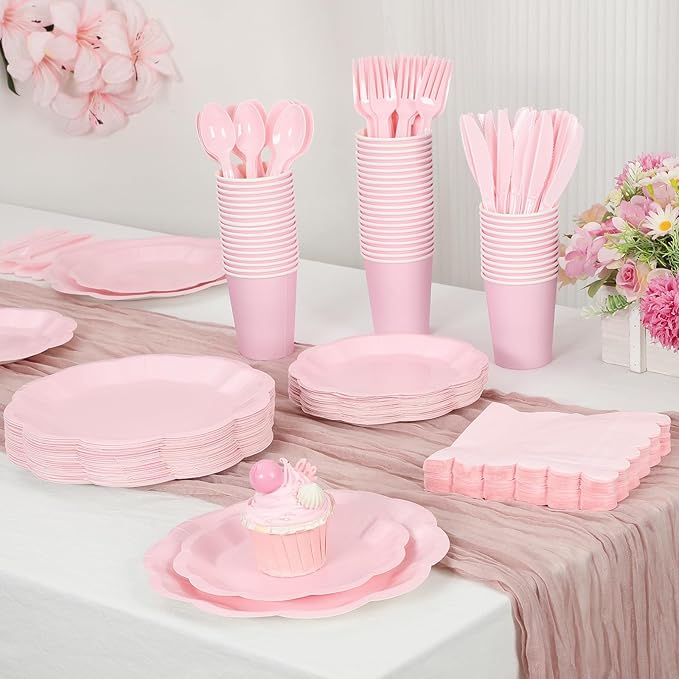 350 Pcs Pink Paper Plates and Napkins Set Include 9" Easter Plates, 7" Dessert Plate Disposable Scalloped Tableware Serve 50 Guest for Wedding Baby Shower Bridal Shower Birthday Mother's Day