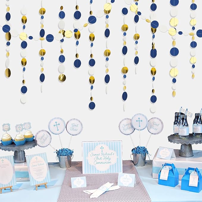 GCQQ 52Ft Blue Gold Circle Garlands Royal Blue Paper Polka Dot Streamer Garland Glitter Circle Dots Hanging Garland for Ramadan Graduations Nautical Ahoy Achor Pirate Party Decoration
