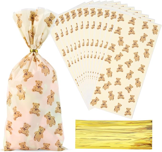 Docvania Bear Cellophane Treat Bags Plastic Gift Bag 100 pcs 5 X 11 Bear Cookie Bags with Ties Goodie Candy Bag Suitable for Mother's Day, Valentine's Day, and Holiday Parties