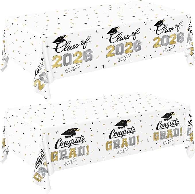 Gatherfun 2026 Graduation Decorations : 2-Pack Congrats Grad Disposable Tablecovers - Class of 2026 White Themed Table Cloths, for Graduation Party Supplies & Graduation Backdrop, 54" X 108"
