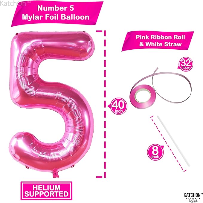 KatchOn, Giant Hot Pink 5 Balloon Number - 40 Inch | 5th Birthday Balloons For 5th Happy Birthday Decorations | Five Number Balloons For Pink Party Happy Anniversary Decorations
