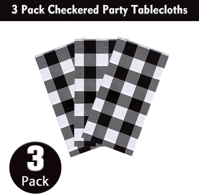 Kesfey 3 Packs Black Gingham Tablecloths 54 x 108 inch Black and White Checkered Tablecloth Disposable Plastic Plaid Picnic Tablecover Waterproof Fall Checkered Table Cloth for Camping Halloween Party