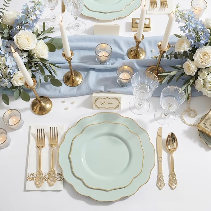 NOCCUR 175PCS Sage Green Plastic Plates with Gold Disposable Silverware - Include 50 Green and Gold Plastic Plates,25 Knives,25 Forks,25 Spoons,25 Cups and 25 Napkins - Easter Day/Spring Party