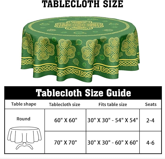 St. Patrick's Day Round Tablecloth 60 Inch Leaf Clover Pattern Circle Table Cloth Green Shamrock Table Cover Washable Polyester Indoor Decorations for Home Kitchen Dinning Party