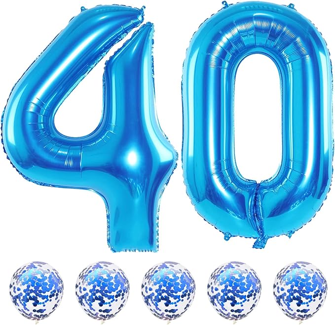Blue 40 Balloon Numbers and Confetti Balloons, 40" Number 4 and 0 Mylar Foil Balloons Self Inflating, 40th Birthday Balloons Set for Men Women Boys 4th Birthday Anniversary Party Decorations Supplies
