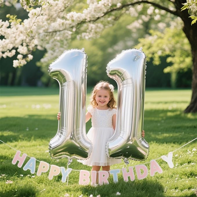 40 Inch Silver Number 11 Digital Balloon,Jumbo Mylar Foil Helium Balloon for 11 Balloons for Birthday Party,Wedding Anniversary Party Decorations