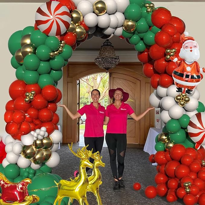 Christmas Balloon Garland Arch kit, 134 Pieces Xmas Green Red White Gold Balloons Garland Kit, Candy Cane Foil Balloons Elk Santa Claus Balloon for New Year Christmas Party Decorations