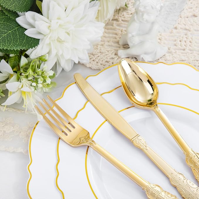 Liacere 350PCS Gold Plastic Plates-Disposable White and Gold Plates 50guest Baroque Plastic Dinnerware include 100Plates, 50Pack Pre Rolled Napkins with Silverware 50Cups for Wedding & Easter Day