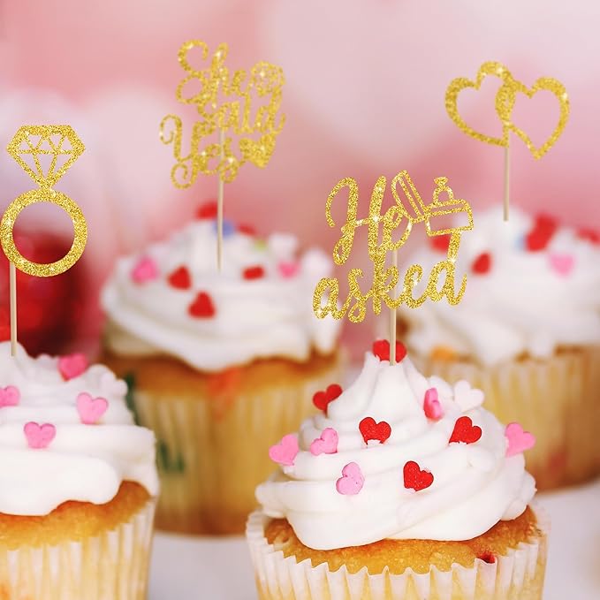 BEISHIDA He Asked She Said Yes Cupcake Toppers, 24 Pcs Engagement Cupcake Toppers Glitter Diamond Ring Heart Cupcake Picks for Wedding Engagement Bridal Shower Party Cake Decorations(Gold)