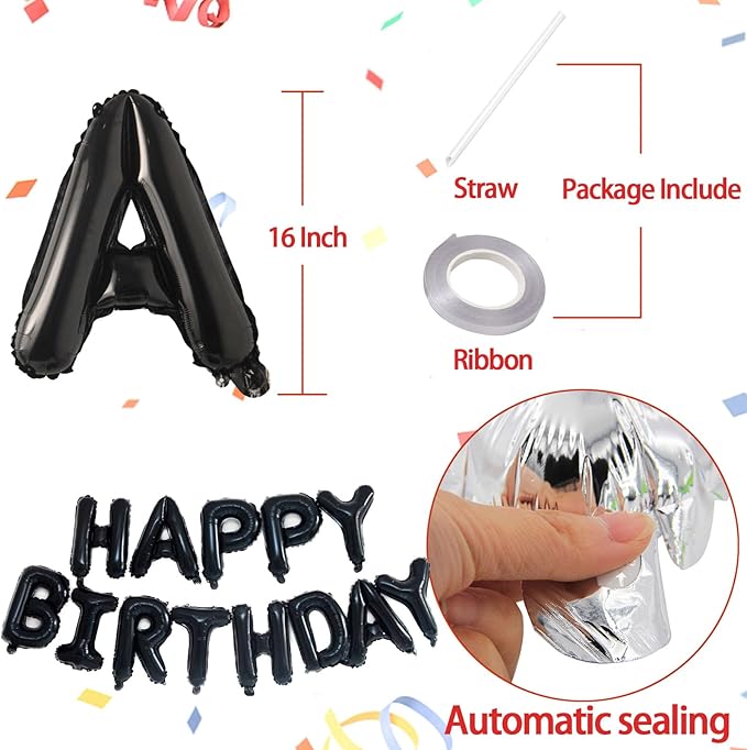 KALOR Black Happy Birthday Balloons Banner, 16 Inch Mylar Foil Letters Balloon Sign for Birthday Party Decorations Photo Booth Backdrop