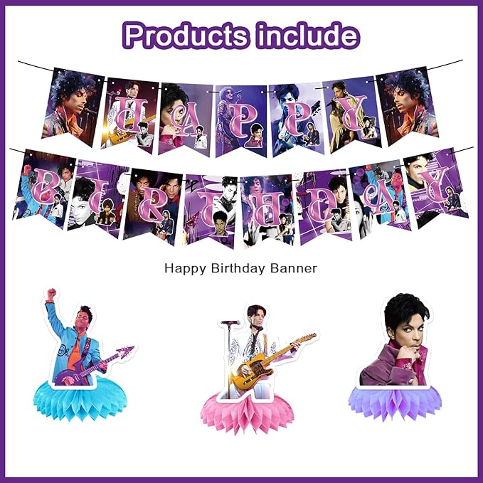 Prince Singer Party Decorations, Rock Singer Theme Birthday Banner Honeycomb Centerpieces Hanging Swirls Party Latex Balloons for Fans Birthday Baby Shower Party Supplies