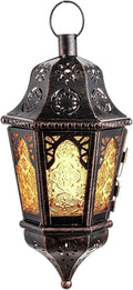 DECORKEY Ramadan Lantern Decorative Indoor & Outdoor, 13.6’’ Vintage Decorative Hanging Lanterns with Chian for Home Porch Patio Decor, Metal Christmas Moroccan Candle Holder Decorations (Amber)