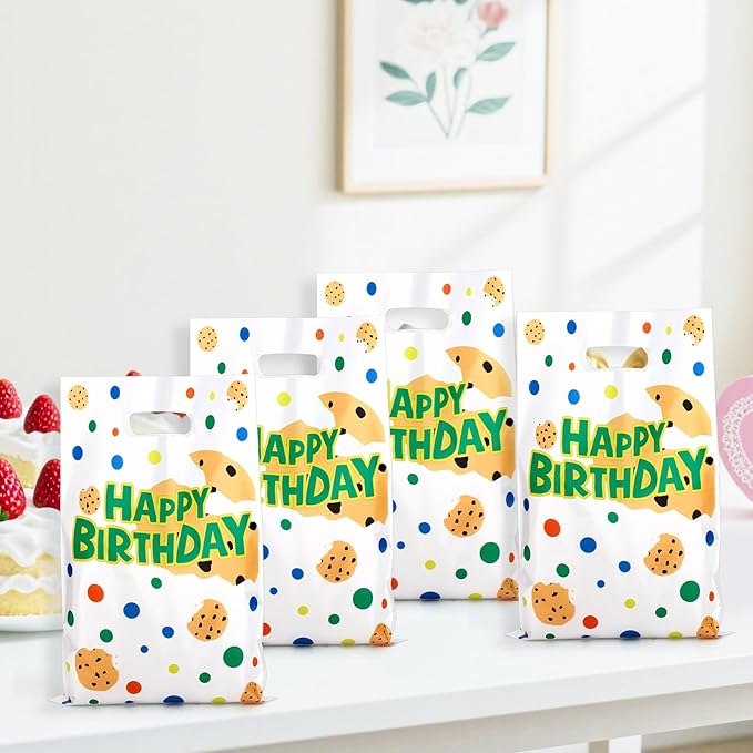 50pcs Cookies Gift Bags, Colorful Happy Birthday Goodie Bags for Party Favors Cartoon Theme Birthday Decorations for Boys Girls Celebrations Party Supplies