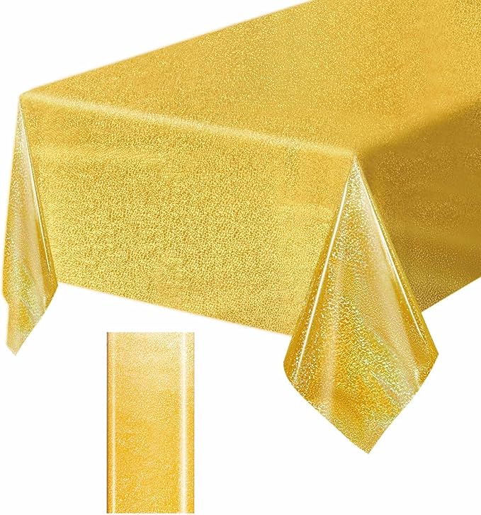 1 Pack Gold Iridescent Plastic Tablecloth Disposable 54 × 108 Inch Glitter Holographic Foil Table Cloth Plastic Laser Rectangle Table Cover for Birthday Wedding Disco Party