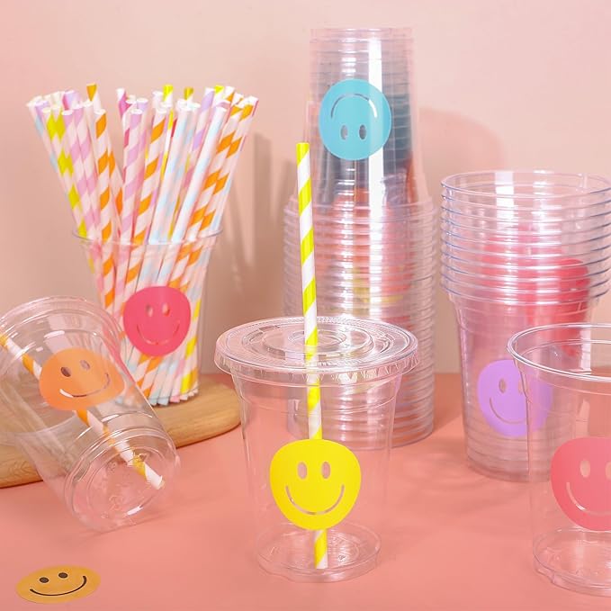 Whaline 60Pcs Smile Face Disposable Plastic Cups with Lids and Straws 12oz Pastel Preppy Smile Pattern Cold Beverage Drinking Cup for First Birthday Baby Shower Wedding