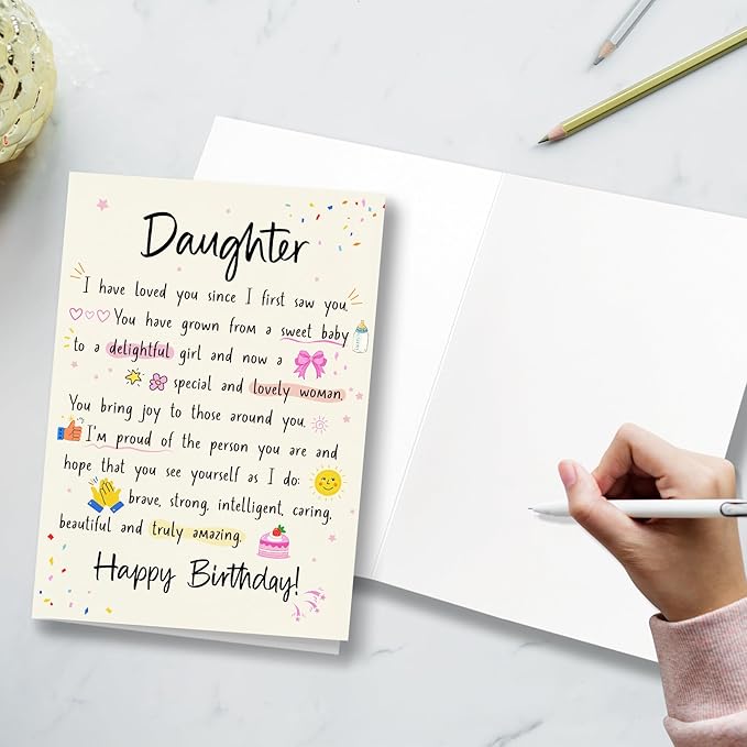 Funny Birthday Cards for Daughter from Mom and Dad, Sweet Poetic Cards from Tsundere Parents, I Love You, From Baby to Girl to Adult Woman (Super Cute Lady), with Envelope