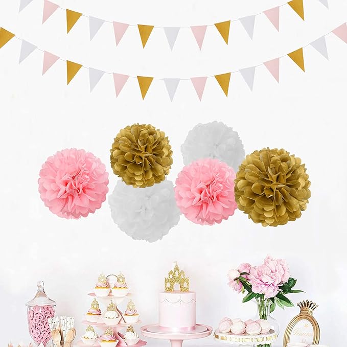 Pink White Gold Pennant Banner - 2 Pack Glitter Sprinkles Paper Triangle Flags, Birthday Bachelorette Engagement Wedding Baby Bridal Shower Party Decorations Bunting Lasting Surprise
