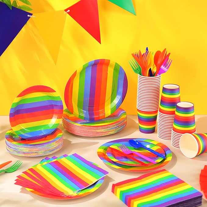 Party Decorations Supplies Paper Plates Napkins and Cups Cutlery (400, Rainbow, Pride)