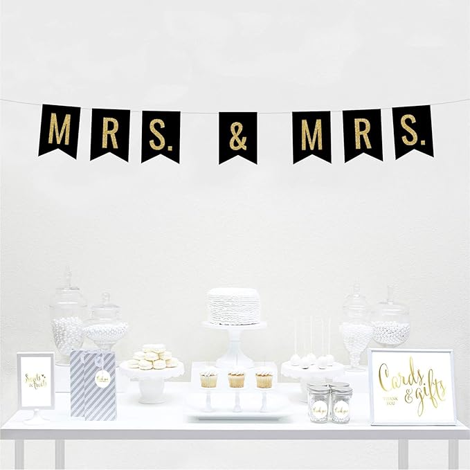 Andaz Press Faux Gold Glitter on Black Lesbian Wedding Party Banner Decorations, Mrs. & Mrs., Approx 5-Feet, 1-Set, Colored Hanging Pennant Decor