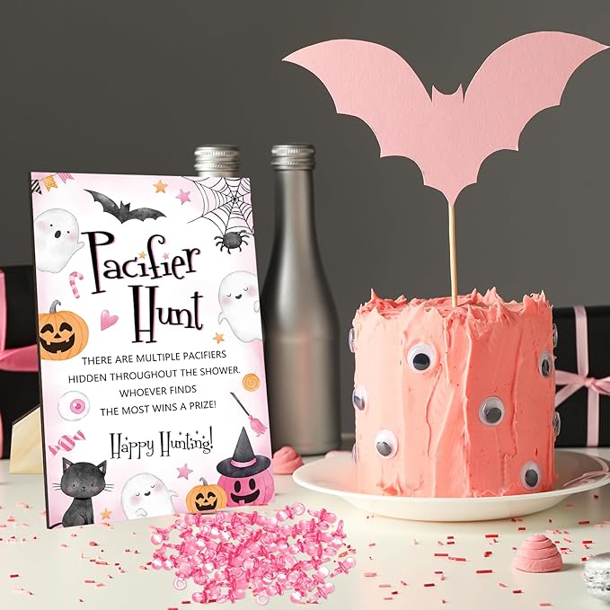 Whaline 51 Pcs Halloween Pacifier Hunt Baby Shower Game Include Wooden Sign 50 Pink Plastic Pacifier for Gender Reveal Party Favor Gift Supplies