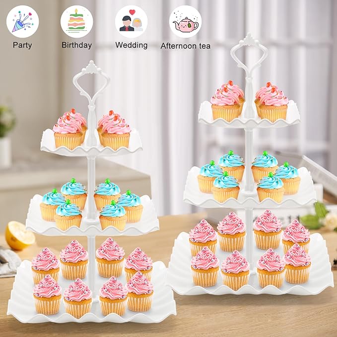 Coitak 3 Tier Cupcake Stand, Plastic Tiered Serving Stand, Wavy Dessert Tray for Tea Party, Birthday and Wedding (Pure White)