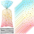 Pajean 100 Pcs Pastel Cellophane Bags Rainbow Party Favors Bag Star Dot Treat Goodie Candy Plastic Gift Pink Blue Tie Dye Wrapping Clear Cello for Baby Shower Birthday Decoration Supplies
