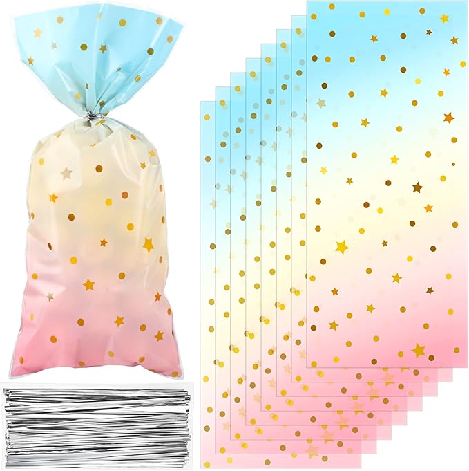 Pajean 100 Pcs Pastel Cellophane Bags Rainbow Party Favors Bag Star Dot Treat Goodie Candy Plastic Gift Pink Blue Tie Dye Wrapping Clear Cello for Baby Shower Birthday Decoration Supplies
