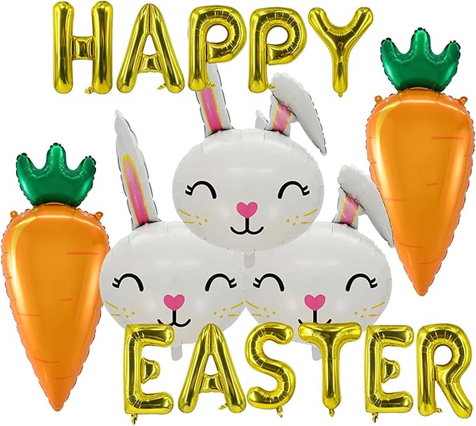 Easter Balloons Gold Happy Easter Letter Balloon Bunny Balloons Carrot Balloon for Rabbit Themed Party Birthday Party Supplies Decorations Party Balloon Sets-16 PCS