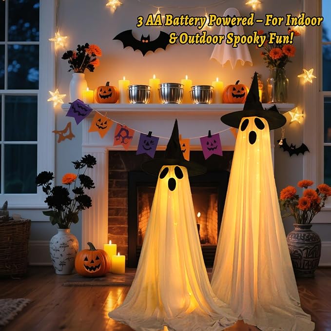 2 Packs Halloween Decorations Outdoor, Light Up Ghost Decorations with 8 Modes & Timer, Battery Operated Halloween Lights Spooky Ghost Decor for Front Porch Yard Lawn Haunted House Party Decor