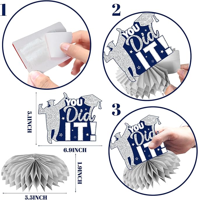 12pcs Graduation Table Decorations,Silver and Navy Blue Graduation Decorations 2026 Graduation Centerpieces for Tables,Class of 2026 Centerpieces Honeycomb for Congrats Grad Table Decor (Navy Blue)