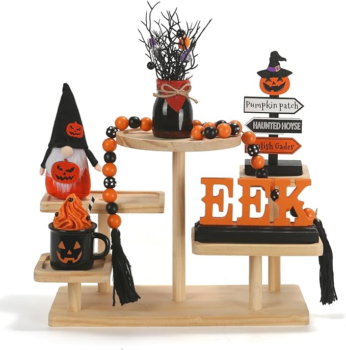 Halloween Decorations 6PCS Tiered Tray Decor, Cute Tabletop Halloween Decor for Home Tray Shelf Fireplace Mantel Office Desk Table Centerpieces Farmhouse Rustic Spooky Wood Signs