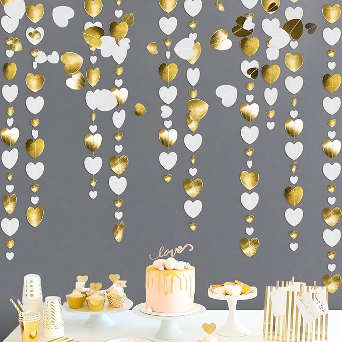 GCQQ White Gold Heart Garlands - 52Ft Glitter Valentines Day Decorations 4 Packs Paper Heart Hanging Streamers Garland for Valentine's Day Party Decoration Wedding Birthday Bridal Shower Decor