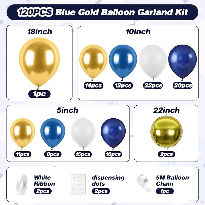 Blue Gold Balloon Garland Kit, 120pcs Blue Gold White Balloon Arch Kit With Gold 4d Foil Balloon Different Sizes For Graduation Party Birthday Celebration Baby Shower Wedding Bridal Shower Decoration