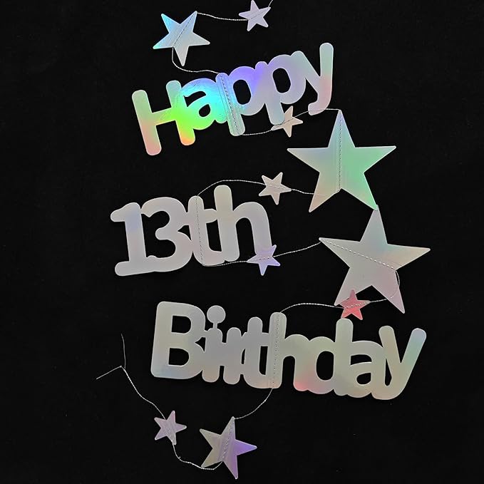 13th Birthday Decorations for Girls Iridescent Metallic Twinkle Star Garlands Sign Hanging Swirls Streamer 13 Year Old Official Teenager Happy Birthday Banner Thirteen Party Decor