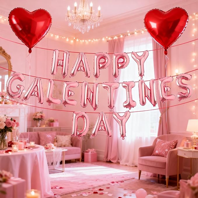 Happy Galentines Day Balloons Banner, 16 Inch Pink Galentine Letters Balloons Decorations 18 Inch Red Heart Foil Mylar Balloon for Women Ladies Galentine's Valentines Day Party Decoration Supplies