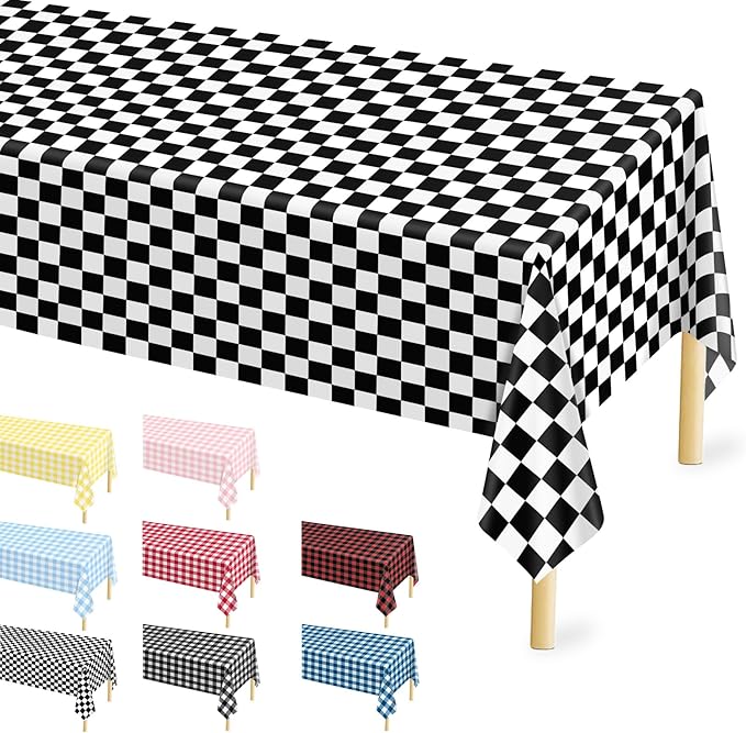 Mulbozy 4 Pcs Black and White Checkered Tablecloths, 54 × 108 Inches Black Checkered Flag Tablecover, Disposable Plastic Gingham Table Cover for Picnic, Truck, Race Car Birthday Party Supplies