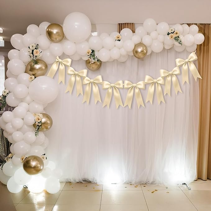 2 Strings of 16PCS Champange Bow Garlands Banner Decoration,Pre-Strung Satin Ribbon Ornaments for Birthday,Bachelorette Party,Bridal Shower,Wedding,Engagement,Baby Shower,Graduation Decor,Anniversary