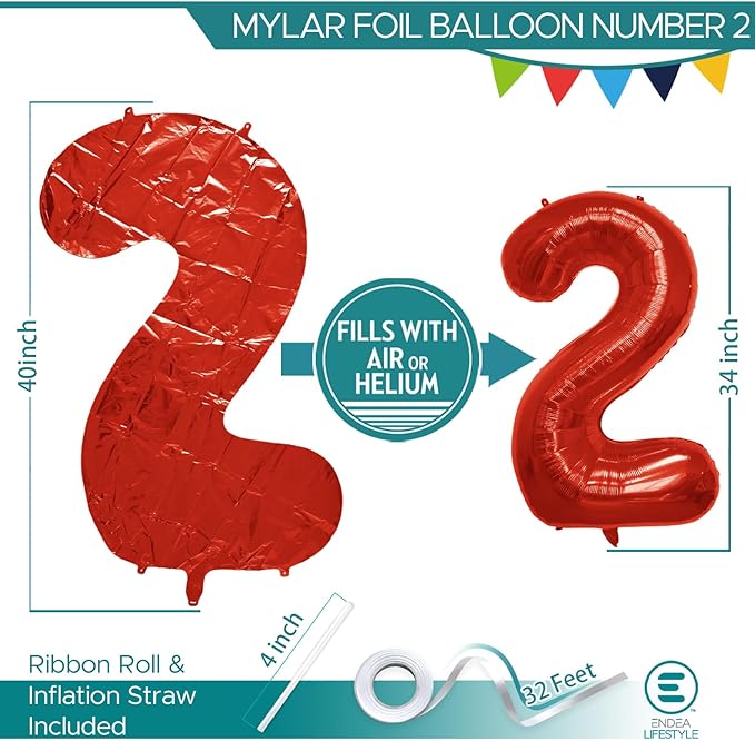 40 Inch Large Red Number Celebration and Decoration Balloon for Birthday Parties, Graduations, Anniversaries, Weddings, Photo Shoots, Special Events - Helium Foil Mylar (Red Number 2)