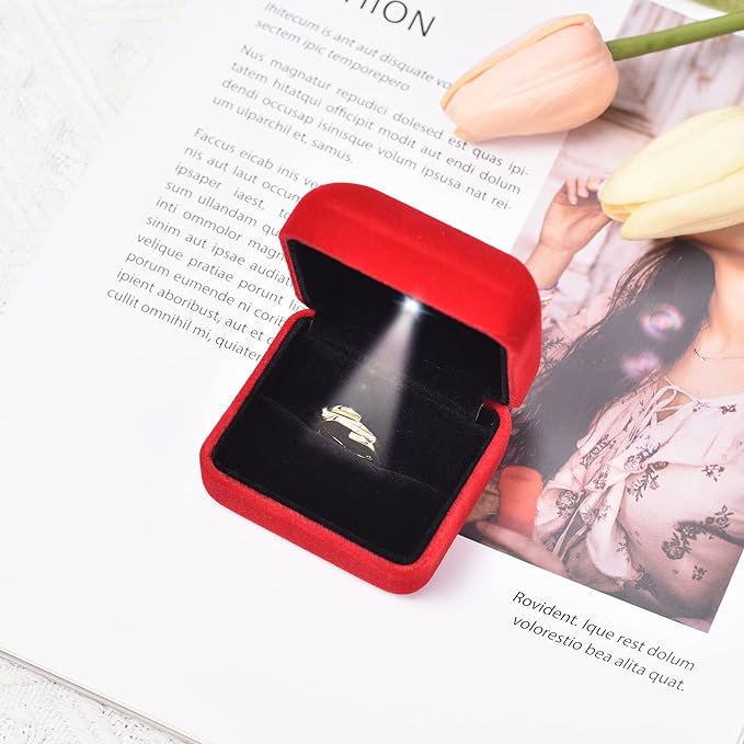 Velvet Metal Glossy with LED Jewelry Gift Box for Proposal, Engagement, Wedding - Easy to fit into Your Pocket or Handbag - Red