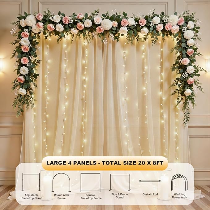 20 FT x 8 FT Champagne Backdrop Curtain - Tulle Backdrop Curtain with 9.8FT Lights String - Sheer Backdrop Curtains with 4 Inch Rod Pockets for Birthday Weddings Baby Shower Party Decorations