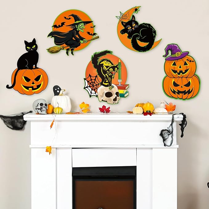 Large Vintage Halloween Decorations Cardboard Cutout Set of 12, Retro Spooky Ghost Cutouts Wall Decor Indoor Outdoor, Vintage Orange Green Black Paper Cut Outs Party Decoration (Large, Halloween)