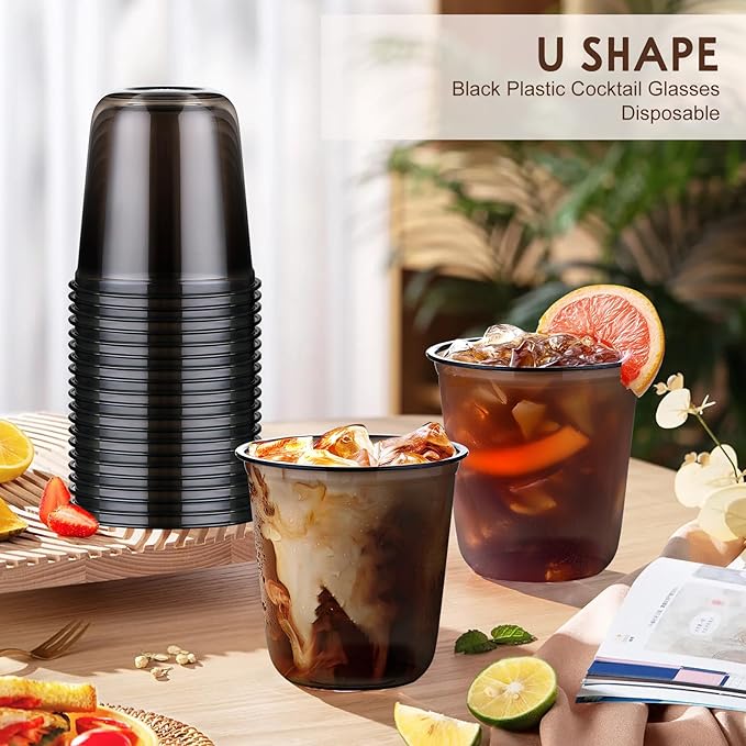 KesaPlan 50 Pcs Black Plastic Cups, 12oz Disposable Stemless Wine Glasses for Cocktail Cute Clear Cocktail Wine Glasses Black Party Cups for Meeting Wedding Halloween Holiday Party