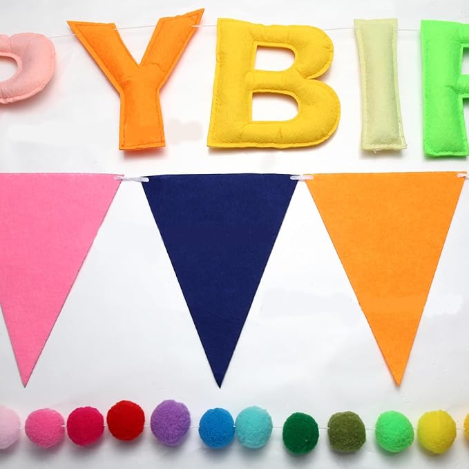 Pre-Strung Happy Birthday Banner,3D Effect Rainbow Birthday Party Decorations with Felt Garland, Pom Pom Garland, Felt Triangular Flag,Reusable Party Supplies for Kids Adults & Pets