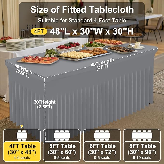 Smiry Spandex Tablecloth, Elastic Fitted Stretch Tablecloth for 4FT Rectangle Tables, Waterproof Washable Table Cover Skirt for Outdoor, Wedding, Banquet & Parties (Grey, 48Lx30Wx30H Inch)