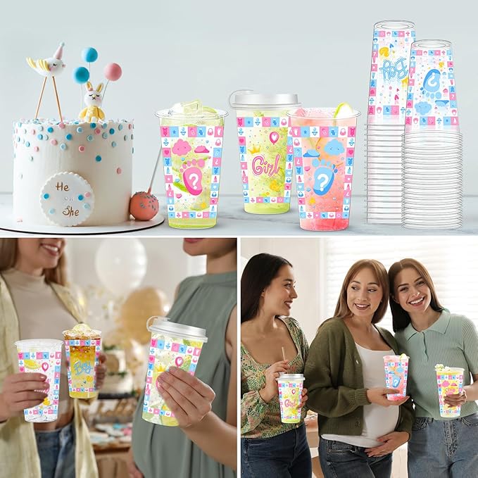 50 Pcs Gender Reveal Plastic Cups – Team Boy & Team Girl Disposable Thick Clear Plastic Drinking Cups with Lids, Gender Reveal Decorations for Baby Party, Pink and Blue Baby Shower Party Favors