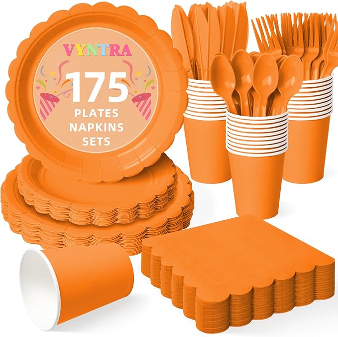 Vyntra 175 Pcs Orange Disposable Paper Plates and Napkins Set for 25, 9" Dinner Plates & 7" Dessert Plates, Tableware for Halloween, Fall Party, Birthday, Picnic