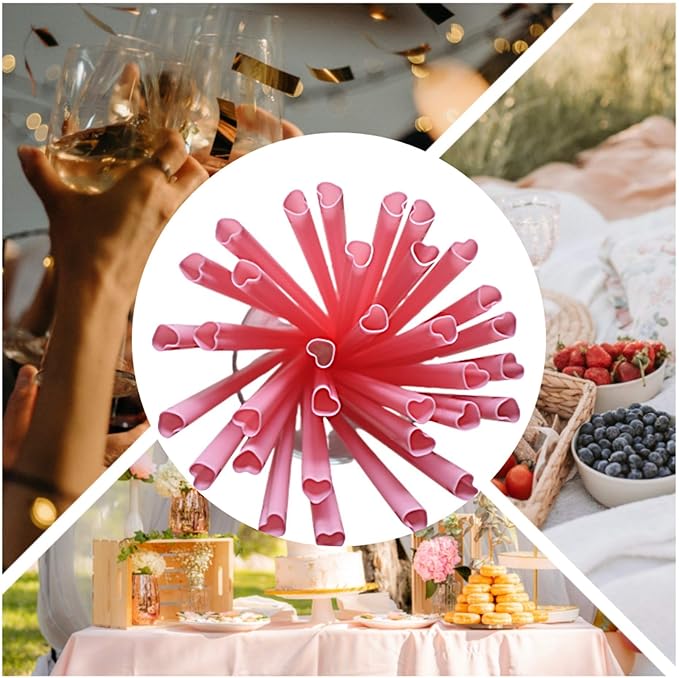 200pcs Heart Shaped Pink Straws Disposable Drinking Cute Straw Individually Wrapped Pink Plastic Straw Galentines Day, Cocktail, Birthday Party, Bridal Shower, Wedding Decorations