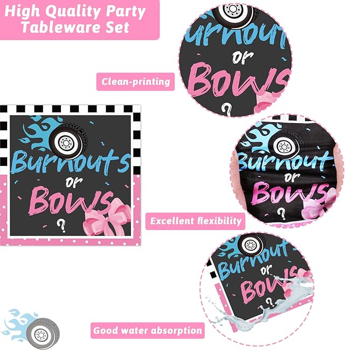 chiazllta 96 Pcs Gender Reveal Burnouts or Bows Party Plate and Napkins Supplies Disposable Tableware Decor Party Paper Plates Napkins for Party Favors 24 Guests